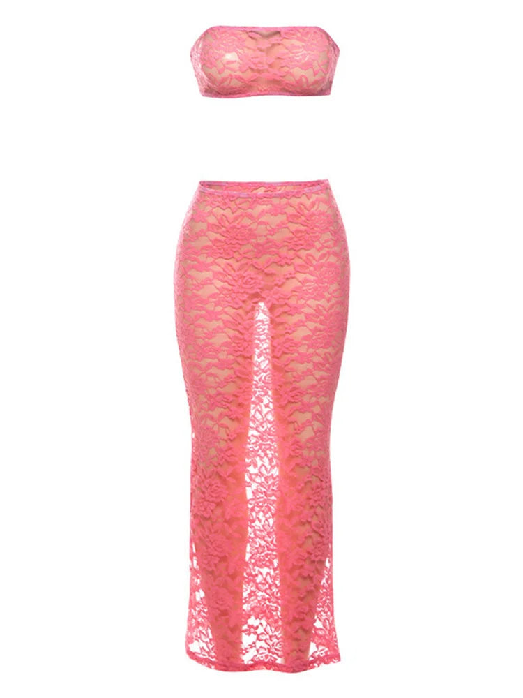 Nibber See Through 2Piece Sets Woman Summer Sexy Strapless Crop Tops+Long Skirts Party Clubwear Skinny Lace Matching Outfits