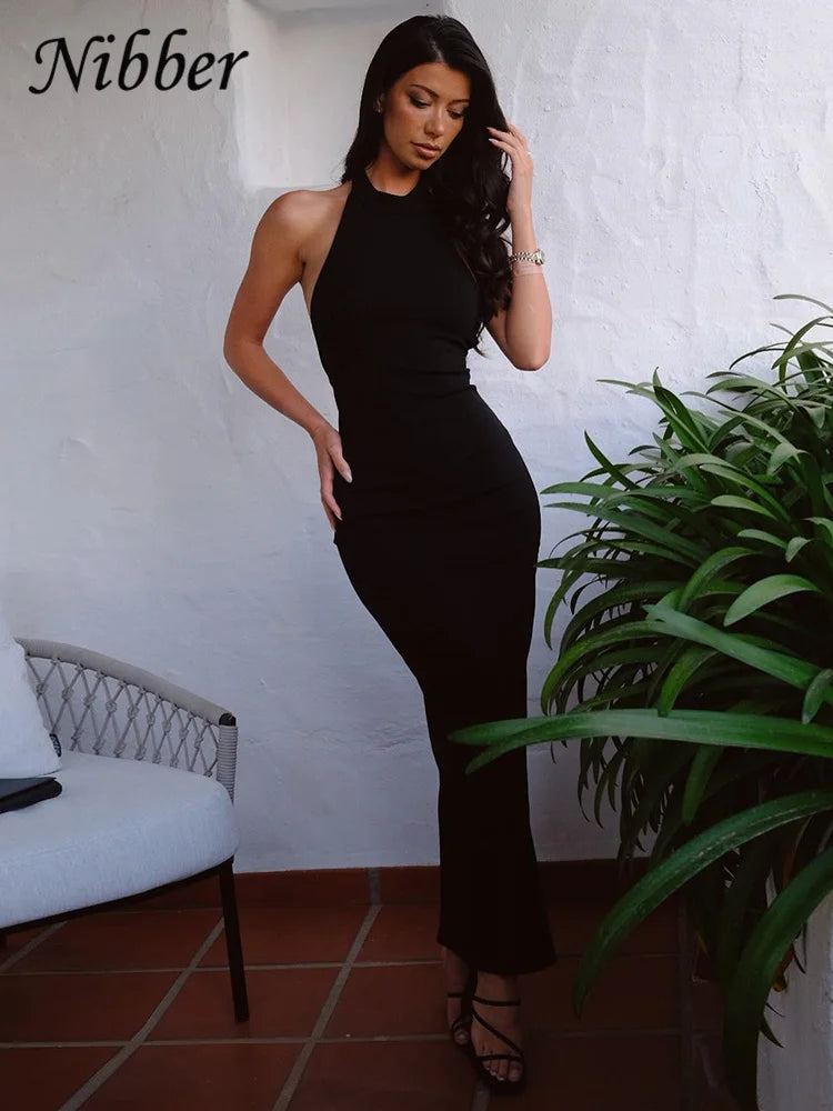 Nibber Dress Trendy Women Solid Color Halter Sexy Backless Slit Bag Hip Slim Dress Female 2025 Summer Hot Sale Simple Vestidos